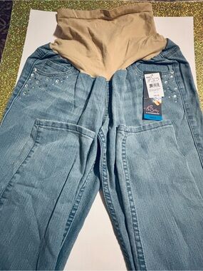 Motherhood Light Blue Denim Maternity Jeans with Beige Knit Panel